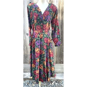 August Silk 90” V-Neck Shoulder Pads Long Sleeves Floral Dress Size 10 - Picture 1 of 9