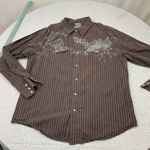 Machine 100% Cotton Slim Shirt Mens Large Brown Striped Embroidered Pearl Snap - Picture 1 of 8