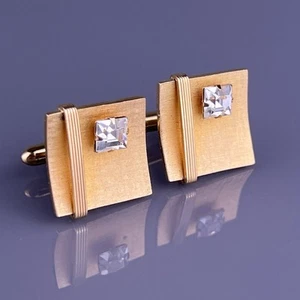 Square White Rhinestone Cufflinks Gold Plated Florentine Finish Swank Vintage - Picture 1 of 6