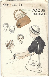 Vogue Sewing Pattern 6831, Vintage 1940's Hat and Bag, Head Size 22" - Picture 1 of 2