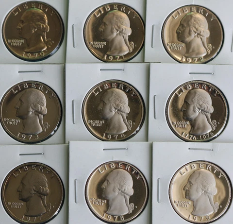 1970 thru 1979 PROOF Washington Quarter Lot 9 Coins Nine 25 Cents Coin Set Cover