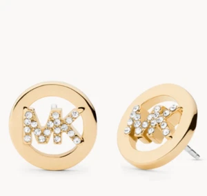 MICHAEL KORS MK Logo Yellow Gold Plated Brass Stud Earrings Crystals MKJ7629710 - Picture 1 of 2