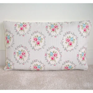 Oblong Cushion Cover Roses 12x20 Pink Blue Grey Floral Stripe Rose Felicity - Picture 1 of 1