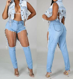Sexy Beautiful Women's Destroyed Rhinestones Details Denim Jeans - Picture 1 of 5