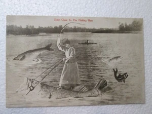 EXAGGERATED Postcard 1912 Woman Riding Freak Fish Some Class To The Fishing Here - Picture 1 of 2