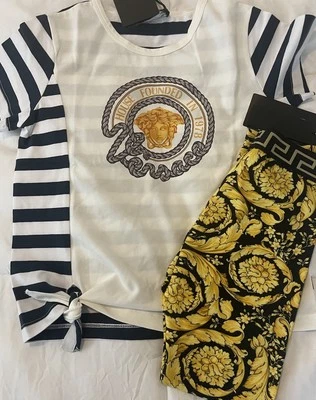 Versace Kids Barocco Print Leggings And Matching Medusa Striped Top NWT Sz 8y - Image 1 of 4