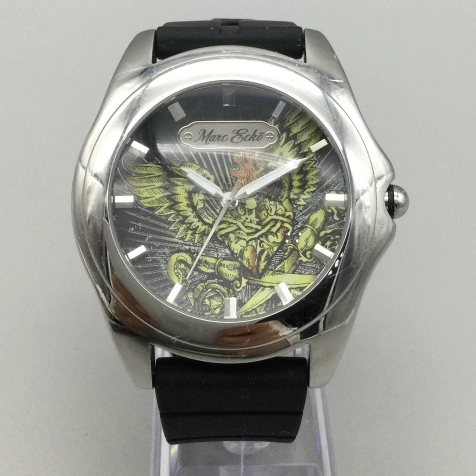 Marc Ecko Watch Mens 46mm Stainless Winged Heart Dial Black Silicone New Battery - image 1 of 4
