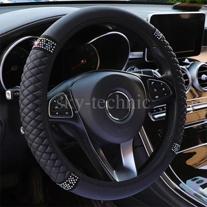 PU Leather Steering Wheel Cover 37-38cm Black Universal Car Steering Wheel Cover - Picture 1 of 7