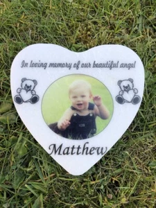 Photo Personalised White Marble Heart Child Baby Memorial Plaque - Teddy Bear - Picture 1 of 12