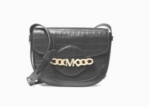 AUTH NWT $498 MICHAEL MICHAEL KORS Wythe Black Moc-Croc Leather Saddle Crossbody - Picture 1 of 12