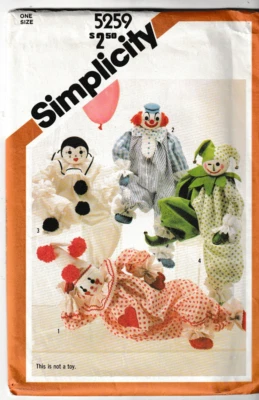 Vintage Simplicity Pattern 5259 c1981, Set of 4 Decorative Clowns to make - Image 1 of 2