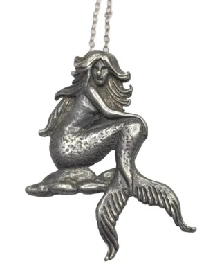Colgante de sirena tono plata peltre en delicado collar de cadena de plata de ley de 18" Foto 1 de 4