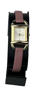 Reloj Timex para mujer tono dorado esfera rectangular correa delgada de cuero rosa batería nueva - Imagen 1 de 5