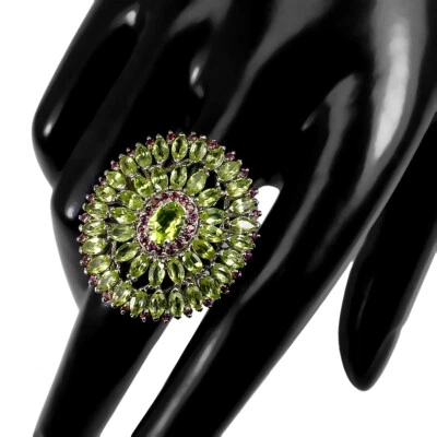 925 Sterling Silver Ring Oval Peridot Rhodolite Garnet Big Gemstone Jewelry Sz 8 - Image 1 of 4