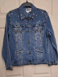 DG2 Diane Gilman Denim Jean Jacket Southwest Embellished Gems Medium Wash Size M - Bild 1 von 6