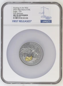 50g Silver Coin 2023 Ghana Hunting in The Wild High Eagle Hi Relief NGC MS 70 FR - Picture 1 of 3