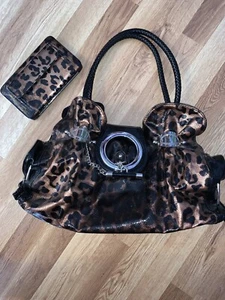 Handbag Black And Lepoard Print Pleather Wallet And Handbag, New Never Used. - Picture 1 of 12