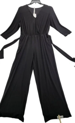 NY Collections  Petite Large 3/4 Sleeve Belted Wide Leg Jumpsuit    D043 - Image 1 of 4