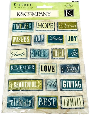 20 Word Stickers Blues Greens Crafts Greeting Cards Scrapbooking New K&Company - Image 1 of 4