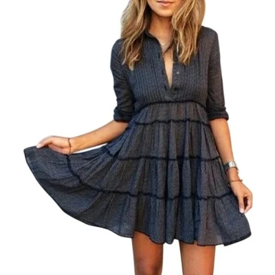 Denim & Supply Ralph Lauren Navy Blue White Long Sleeve Tiered Dress XL NEW Tag - Image 1 of 4