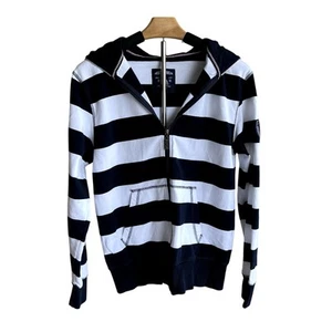 BLU Navy White Breton Stripe Full Zip Hoodie Sweatshirt Womens L Preppy - Picture 1 of 7