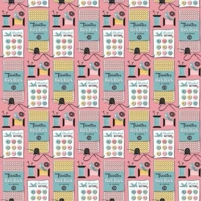 Fat Quarter Poppie Cotton Grannys Sewing Room Notions Button Pink 100% Cotton - Image 1 of 4