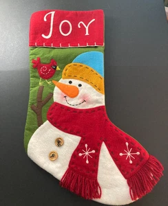 JOY Felt Stitched Christmas Stocking Snowman Cardinal Bird Buttons 18" x 12" - Picture 1 of 16
