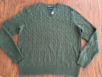 Polo Ralph Lauren Sweater Large Green Cable Knit V-neck 100% Tussah Silk  - XXL - Изображение 1 из 4