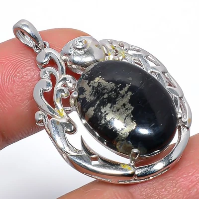 Magnetite In Pyrite & Cz Silver Plated Jewelry Pendant 1.6" T62 - Image 1 of 3
