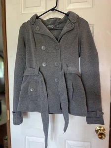 Ashley Women's Y2K Gray Peacoat with Hood and Belt Size Small Thick Lined - Picture 1 of 12