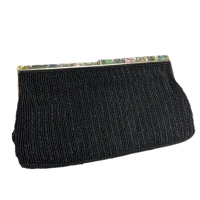 Vintage Black Beaded Abalone Shell Clasp Clutch Handbag Purse Handmade In Japan - Image 1 of 4