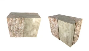 2 MCM MAGNUSSEN FURNITURE Tessellated Marble Stone Brass + Glass Side End Tables - Picture 1 of 18