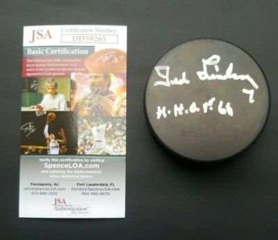 Подписанная хоккейная шайба Ted Lindsay надпись HOF 66 Red Wings сертификат подлинности JSA  - Изображение 1 из 4