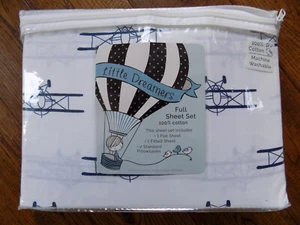 Little Dreamers Boys White and Navy Blue Airplanes Full Sheet Set Bedding - Picture 1 of 2