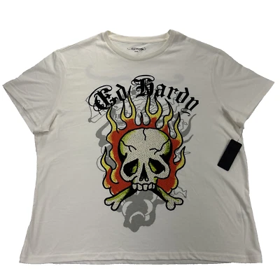 Ed Hardy Shirt Mens XXL Ivory Flame Skull Rhinestones Y2K Tee T Shirt NWT - Image 1 of 4