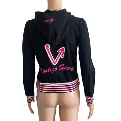 Jaqueta com capuz Vertigo feminina XS strass preta rosa elástica - Imagem 1 de 4