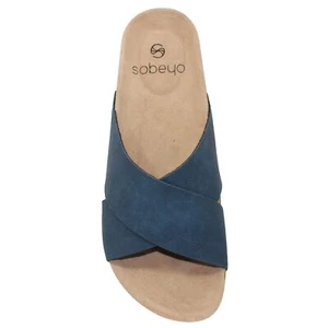 SOBEYO Women's Comfort Sandals Criss-Cross Strap Slip On Low Heel Corks Navy - Picture 1 of 7
