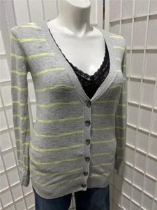 Women's Mossimo Supply Large 100% Cotton Gray Stripe Button Up Cardigan - Picture 1 of 6
