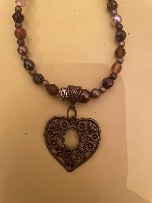 Collar Retro Bronce Fiore Corazón Colgante Jaspe Cristal Hematita Cuentas Foto 1 de 3