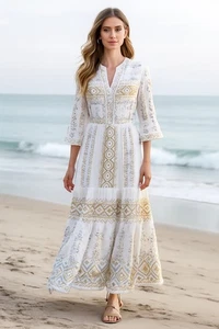Hale Bob Lole Embroidered Maxi Gold/Silver Sz XS Boho Beach Resort Gorgeous - Picture 1 of 16