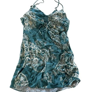 Zara Dress Womens Small Blue Green Paisley Printed V Neck Cinched Mini Satin - Picture 1 of 11