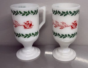 Vintage Pair Of Christmas Cups Mugs Footed Pedestal ~ Holiday Santa - Picture 1 of 9