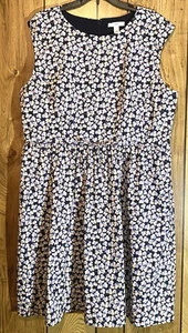 1901 Nordstrom Sz 18 Navy Blue Floral Sleeveless Cotton Blend Poplin Dress - Picture 1 of 6