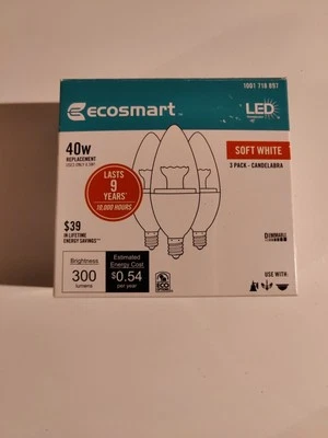 EcoSmart 40-Watt Replacement Dimmable LED Light Bulb Candelabra Decor 3-Pack NEW - Image 1 of 4