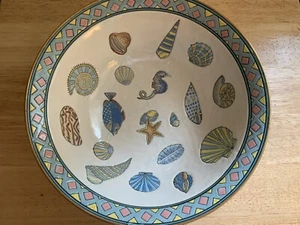 Vintage Stoneware Decorative Bowl 10" Seashells Pattern with brass edge. New - Picture 1 of 11