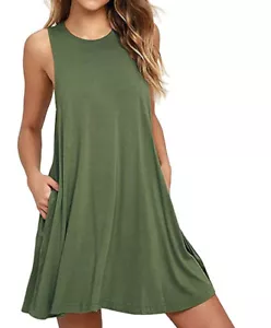 Women's T Shirt Sleeveless Pockets Beach Cover up Plain Pleated Tank Dress - Picture 1 of 22