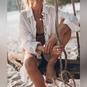 L New White Long Sleeve Shirt Dress Tunic Swim Cover-Up Women's LARGE / OS - Picture 1 of 12