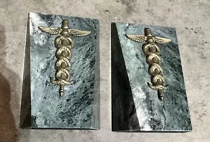 Vintage Green Marble and Brass Book Ends with Medical Gold Sign Heavy - Picture 1 of 7