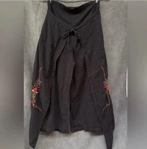 Pantalone avvolgente vintage gamba larga ricamato cotone nero anni 90 boho artistico vita alta - Foto 1 di 6