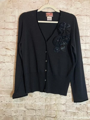 Cárdigan April Cornell Mediano Negro Romántico Floral Terciopelo Ribete Ligero Foto 1 de 4